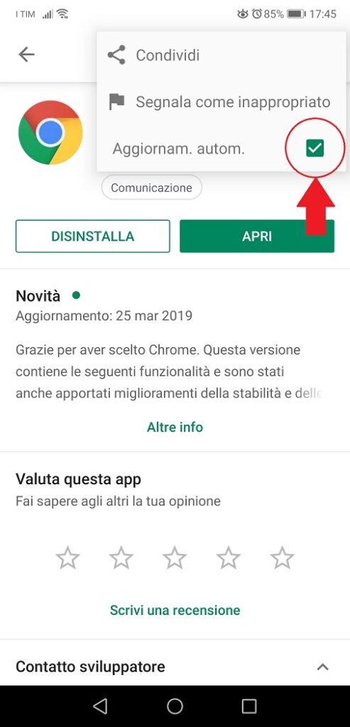 Impostazioni app di Play Store per disattivare aggiornamento automatico