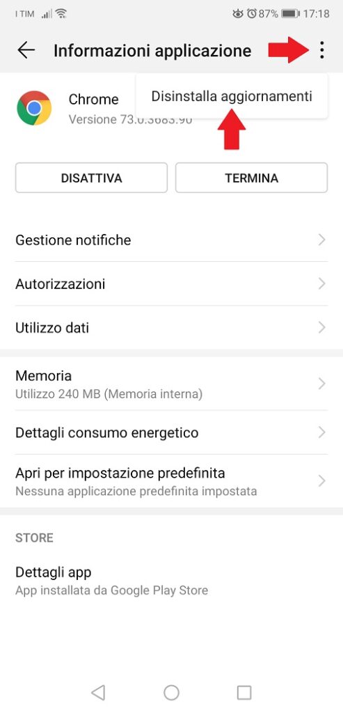 Impostazioni App Android per disinstallare aggiornamenti