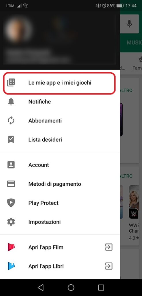 Impostazioni di Play Store "Le mie app e i miei giochi"