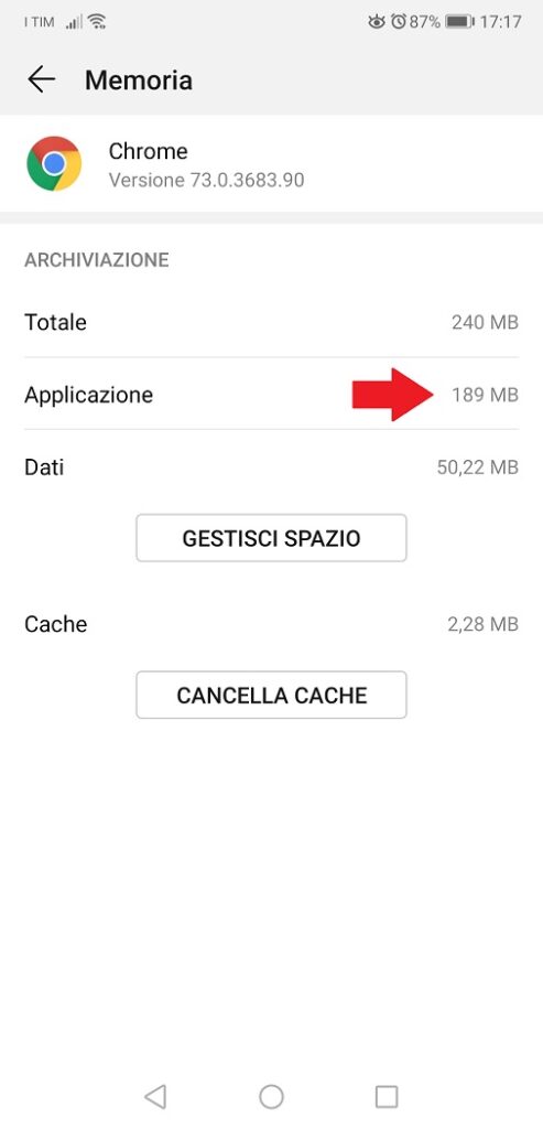 Memoria di archiviazione usata da App Android